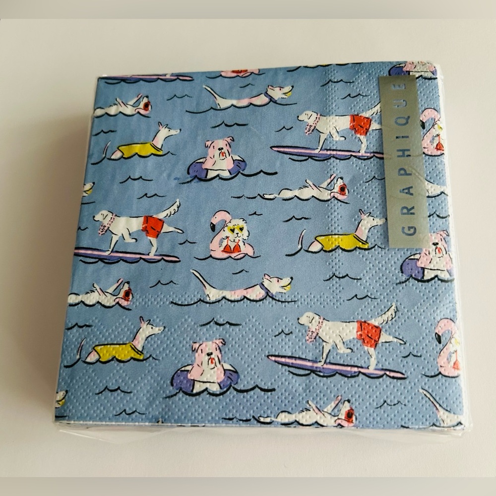 New 40 Graphique Paper Cocktail Napkins Dogs Ocean Surfing Swimmimg - Picture 9 of 16